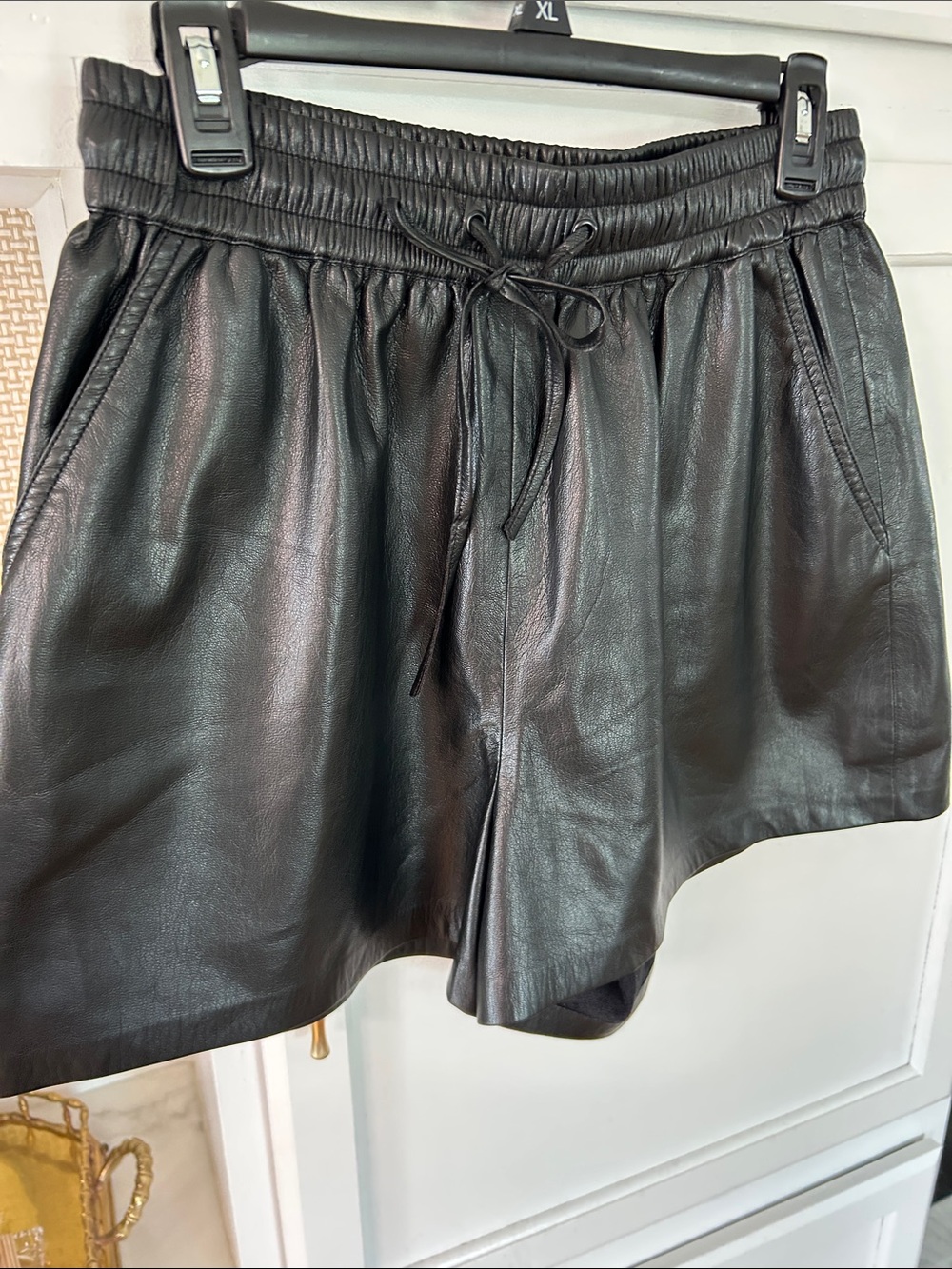 Good American Black Faux Leather High-Waist Drawstring Shorts - Relaxed Fit